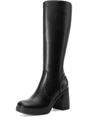 DREAM PAIRS Women's Black Knee High Chunky Platform Boots Square Toe Stretchy